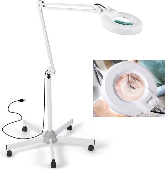 15X Magnifying Floor Lamp with 5 Wheels Rolling Base for Estheticians - 2,200 Lumens LED Dimmable Light with Magnifying Glass, Lighted Magnifier for Reading, Crafts, Sewing, Close Work, Estheticians