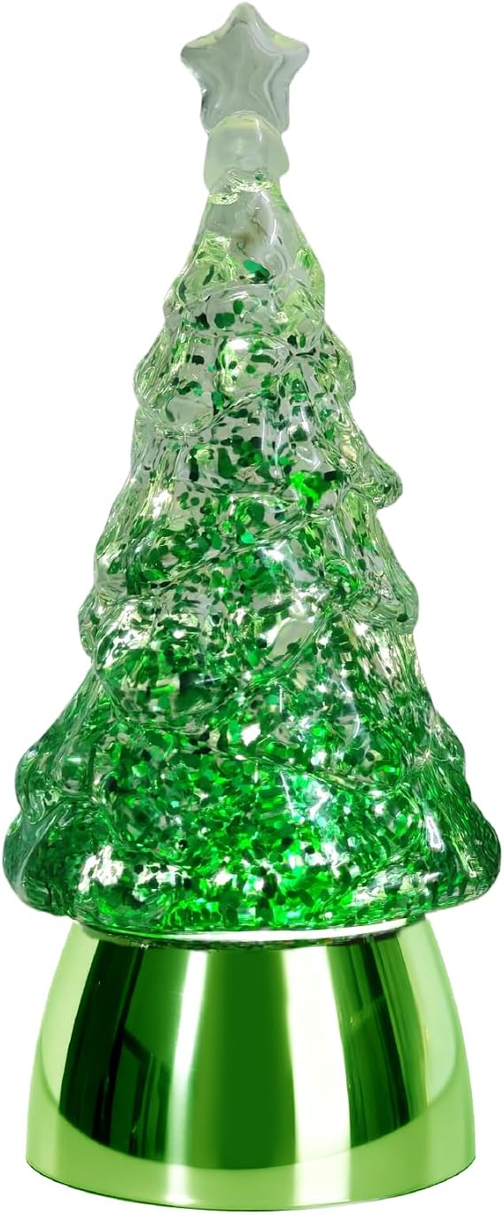 Mini Snow Globe Christmas Decorations, Glitter Green Small Christmas Tree Snow Globe Lighted Water Lantern for Xmas Decor Gifts