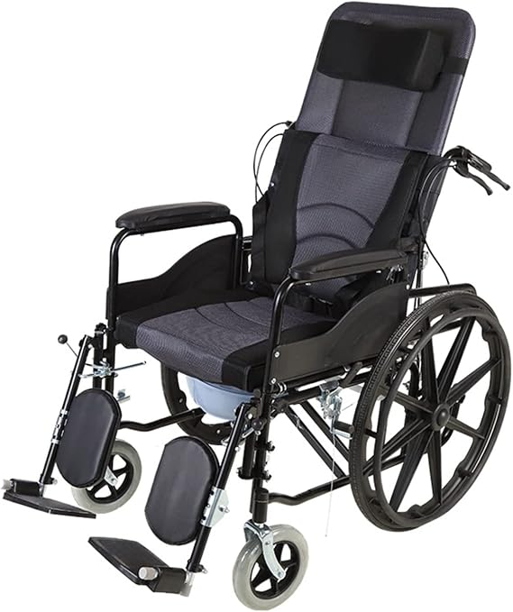 Full Reclining Wheelchair, High Back Reclining Commode Wheelchairs, Folding Outdoor Comfortable Mobile Wheelchair Displacement Machine for Adult