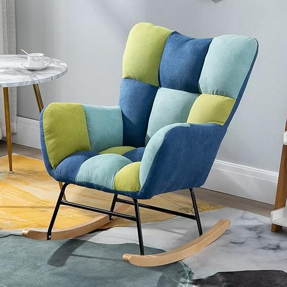 Modern Relax Rocking Chair Comfortable Teddy Fabric Glider Chair Upholstered Rocker Relaxing Recliner for Nursery,Patchwork Accent Chair with Wood Legs High Back Rocking Chairs (Bl