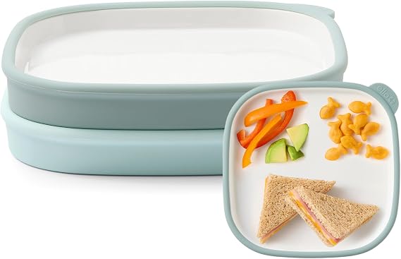Ello Clean Start Ceramic Toddler Plates with Sleeves, 2 Pack, Dewdrop