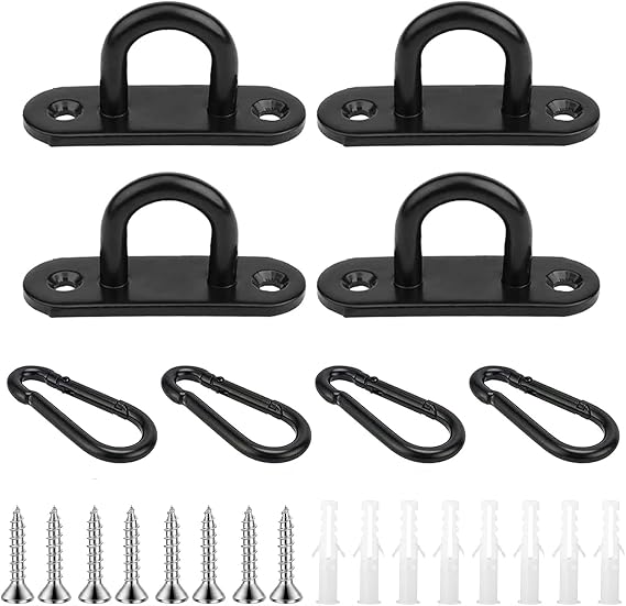 4 Sets Pad Eye Plate and Carabiner Clips, Heavy Duty U Rings for Ceiling | Stainless Steel Black Heavy Duty Marine Hanging Hook with Screws & Plastic Plugs for Ceiling, Shade Sail, Planters, Roof Beam