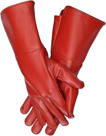 Medieval Gauntlet Leather Cosplay Gloves Long Arm Cuff Smooth sleek back with no points (Large, Red)