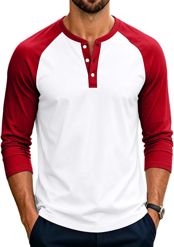 Mens Henley Shirts Long Sleeve Casual Raglan Block Shirts Button Basic T-Shirts Classic Vintage Tee Tops