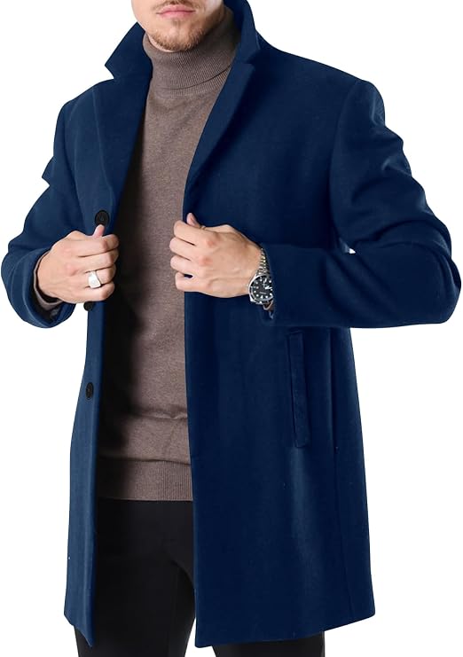 Men's Slim Fit Trench Coat Slim Fit Notched Collar Long Jacket Overcoat Single Breasted Pea Coat wih Pockets