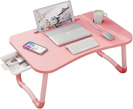 Laptop Desk Foldable Bed Table, Portable Lap Desk Laptop Bed Tray Table with Storage Drawer and Cup Holder, Lap TraysTables Notebook Stand Reading Desks Breakfast Tray for Beds Couch Sofa Floor Pink