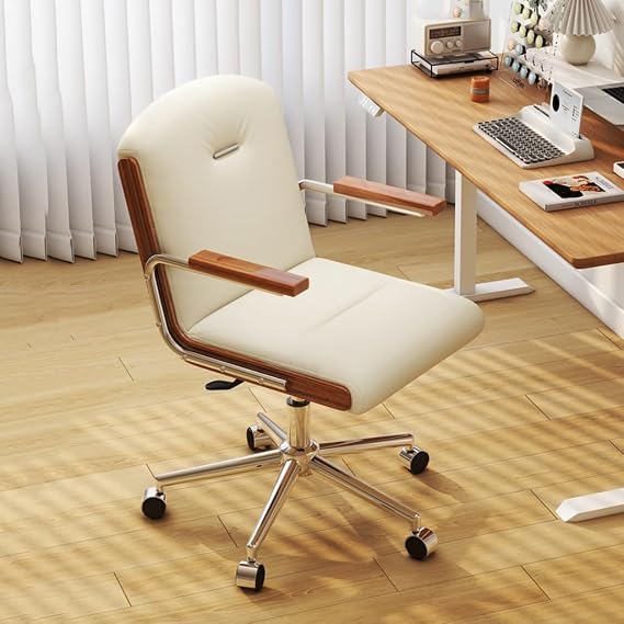 Leather Executive Chair Rising Swivel Chair with Steel Base, Home Computer Chair with Arms, Retro Office Chair, Home Study Chair Height Adjustable White