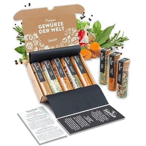 TIMBER TASTE Spice Gift Set Women – 5 Exotic Spice Mixes from Around the World Spice Box Spice Set Gift Delicatessen Idea Special Specialities Gift Kitchen for Birthday