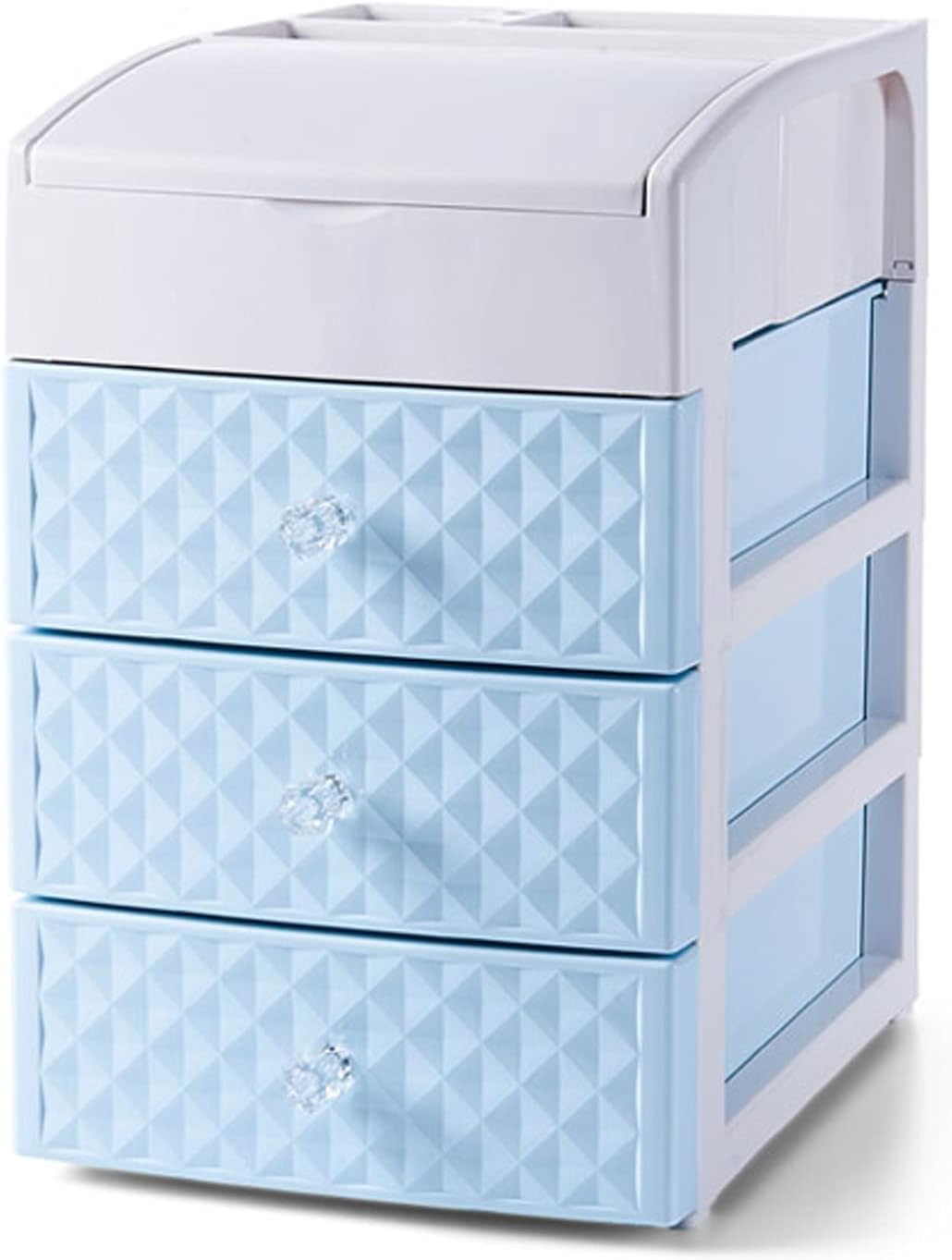 Storage Drawer Desktop Storage Box Plastic Drawer Type Storage Box with Transparent Handle Dresser Cosmetics Drawers Organizer Containers with Compartments Desktop Organiser Storage Box(Blue,3-Drawer)