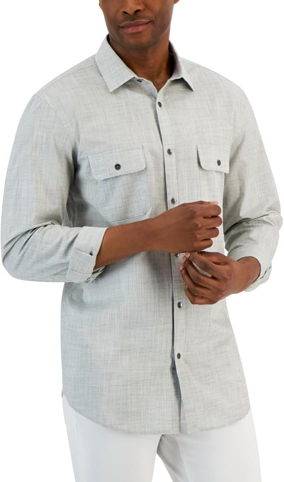 Alfani Mens Cotton Regular Fit Button-Down Shirt Gray S