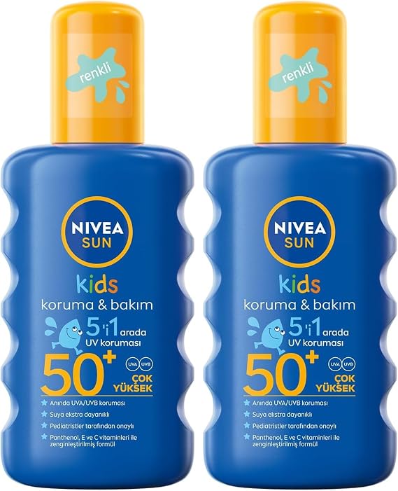 NIVEA SUN SPF50 Çocuklar İçin Güneş Koruyucu Vücut Spreyi 200ml, Anında UVA Koruması, 5i 1Arada Bakım, Nemlendirici, Hassas Koruma (2 paketi)
