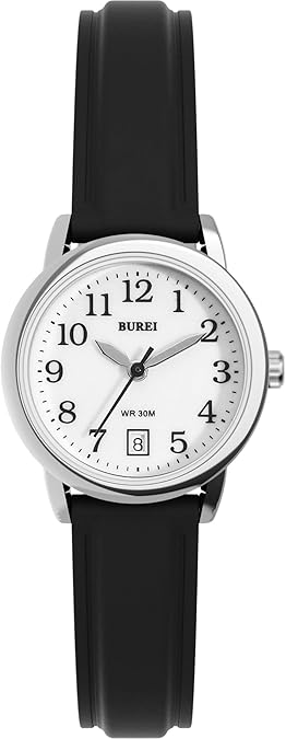 BUREI Women's Black Fashion Leather Strap Watch, Simple Luminous Nurse Watches, Unisex Watch (White Silver Black, 25mm)