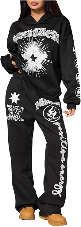 GORGLITTER Women's 2 Piece Track Suits Y2k Graphic Sweatsuit Set Oversized Hoodies Wide Leg Sweatpants Matching Outfits 2025