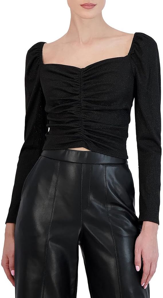 BCBGMAXAZRIA Women's Fitted Long Sleeve Top Ruched Bodice Sweetheart Neck Shirt