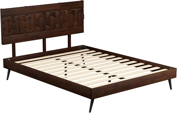Bme Georgina Queen Bed Frame and Headboard, Handcrafted Geometric Pattern Solid Wood, 12 Strong Wood Slats Support, Easy Assembly + Georgina Solid Wood Nightstands with Drawers - Fully Assembled