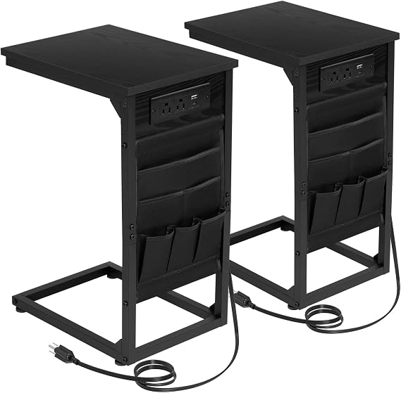 AMHANCIBLE C Shaped End Table with Charging Station, TV Trays, Set of 2 | Couch Side Tables That Slide Under Sofa for Eating, Side Table with Storage Bag, USB Ports, for Living Room, Bedroom, Black