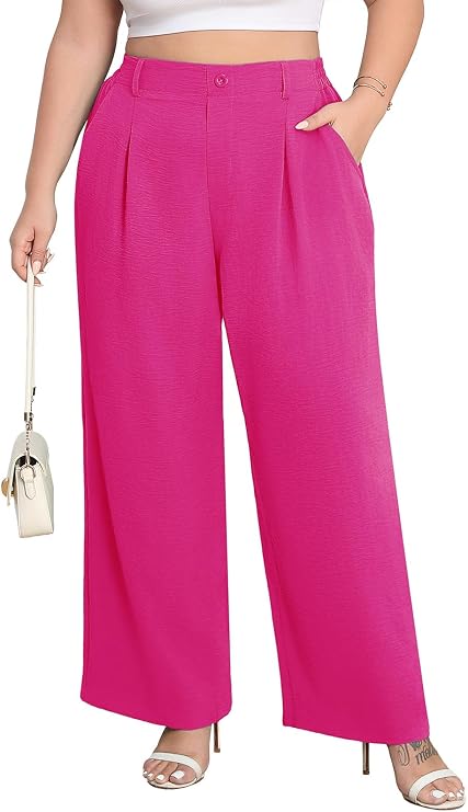 Lastshe Plus Size Pants for Women Wide Leg Elastic High Waist Work Casual Slacks Pull on Palazzo Trousers Spring Clothes