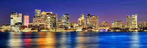 PHOTOSBYJON Boston Skyline UNFRAMED PRINT Poster Photo Night Color City Downtown 11.75 inches x 36 inches Archival Photographic Panorama Picture Standard Size