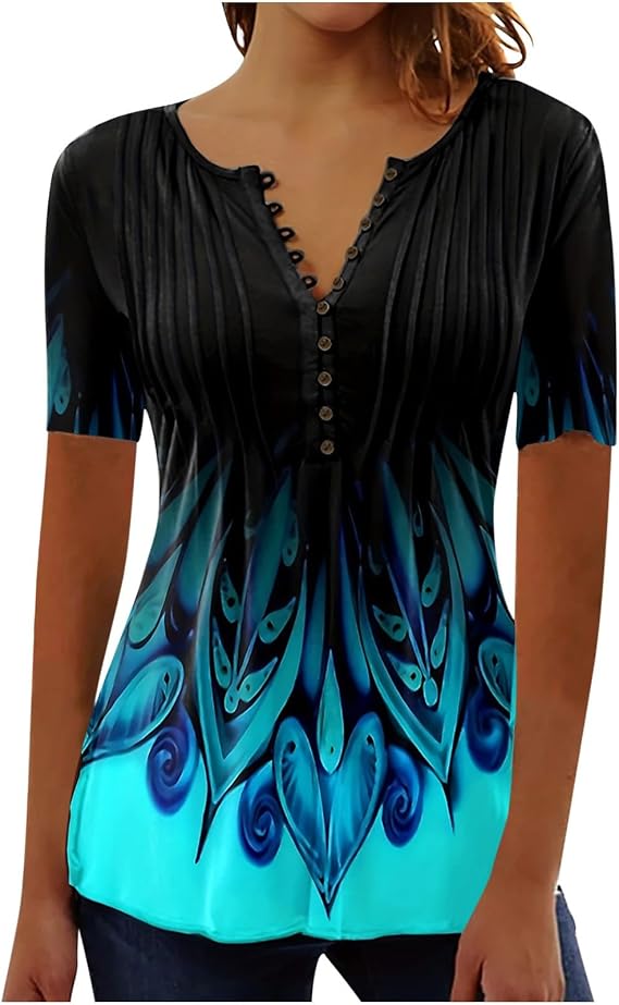 Women Floral Boho Summer Tops Short Sleeve Henley Shirts Dressy Causal Tunic Blouse Trendy Vacation Clothes 2024