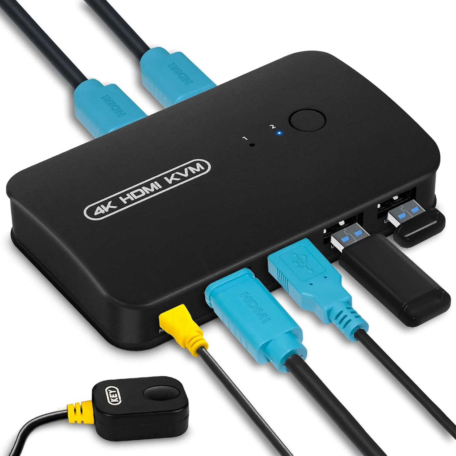 HDMI KVM Switch, USB KVM Selector for 2 Computers Sharing 1 Monitor and 3 USB Devices, Switcher Box for Mouse, Keyboard, Scanner, Printer