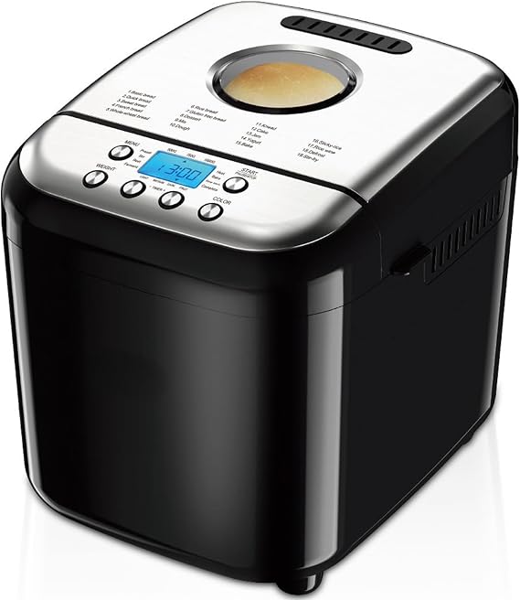 Electric Bread Maker Machine, Compact and Automatic, Customizable Settings, Up to 2lb Loaves, with Nonstick Bowl, Bread Hook, Measuring Cup & Spoon. 15-in-1, for Gluten-Free Bread, Cake& Yogurt