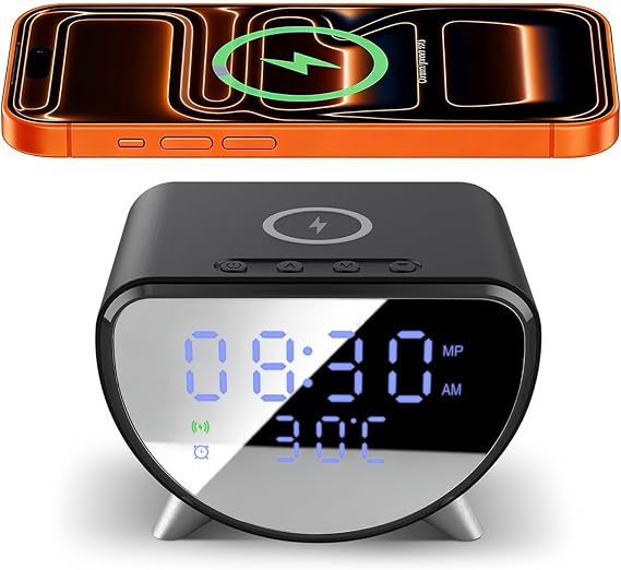 Wireless Charger with Digital Alarm Clock, 15W Fast Wireless Charging Station for iPhone/Samsung Galaxy/Note,Alarm Clocks Bedside,12/24H Clock,LED Display with Temperature,Black