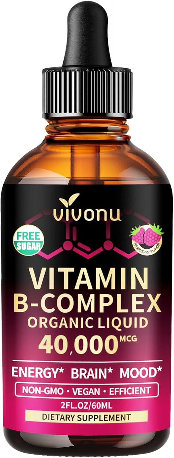 Vitamin B Complex, Vitamin B12 Liquid Drops, B1, B2, B6, B3, B5, Biotin | Methylated Vitamin with Choline, Inositol with Vitamin C D A E, Magnesium, Zinc, CoQ10, Non-GMO, Raspberry Flavor, 2fl oz