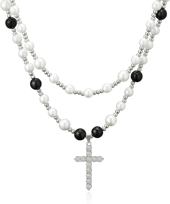 IDOKAWA Cross Necklace for Men Black White Pearl Necklace Rosary Stainless Steel Necklace 10mm Double Layered Cuban Link Fashion Jewelry Baptism Gifts for Him