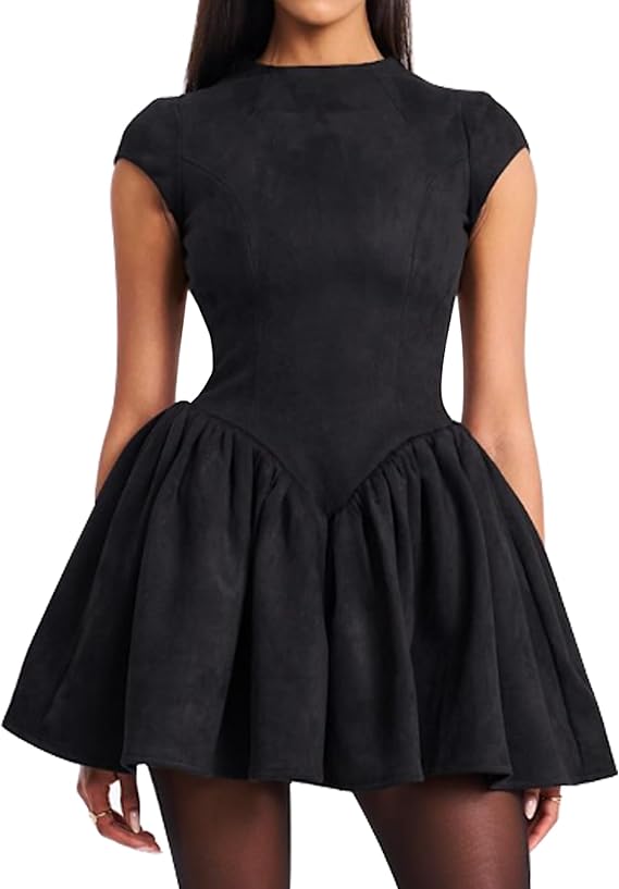 LuFeng Women's Crew Neck Cap Sleeve Backless Ruched Mini Dress with Button Elegant A Line Pleated Prom Short Dress