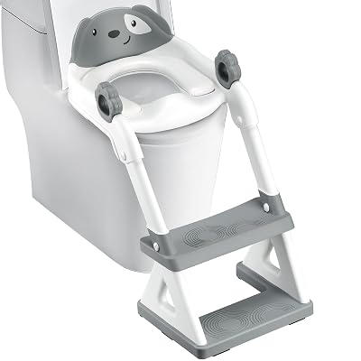 2 In 1 Potty Training Toilet Seat & Toddler Step Stool, Bottom Triangle Stability Toddler Toilet Seat, Adjustable Step & Seat Height Potty Seats Grey