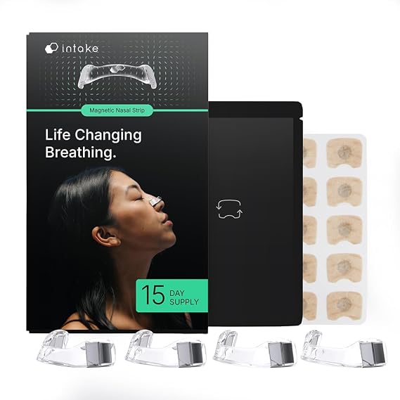 Intake Breathing Magnetic Nasal Strips Starter Kit | Reusable Band + Tabs | Nasal Strips for Sleep, Snoring, Breathing & Sports | Stronger Lift Than Traditional Nose Strips | 4 Sizes, 15 Tabs, Clear