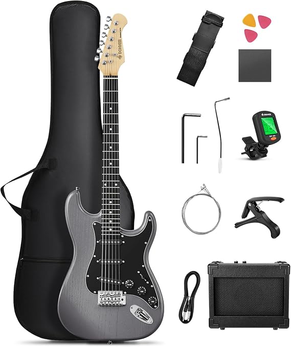 Donner DST-80B Electric Guitar Beginner Set, ST Type, SSS Pickup, 39-Inch, Full Size, Mini Amplifier Included, 9-Piece Accessory Set, Including Dedicated Case and Tuner, Matte Black