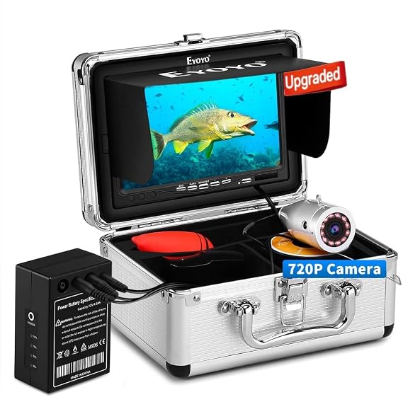 Eyoyo 7" 720P Underwater Fishing Camera DVR, Fish Finder w/ 30M Cable | 1024x600 IPS Screen w/ Sun Visor, 12 IR Night Vision LEDs, Includes 8GB Card, Waterproof for Boat, Lake & Ice Fishing