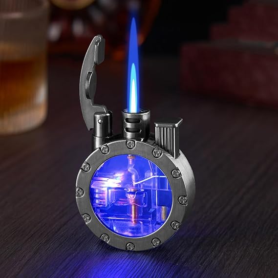 Vintage Steampunk Trench Lighter, Jet Torch Lighter, Butane Refillable Cool Lighters with Visible Fuel Tank and Adjustable Flame Dial, Great Choice for Men Dad Husband (Fuel Not Included)