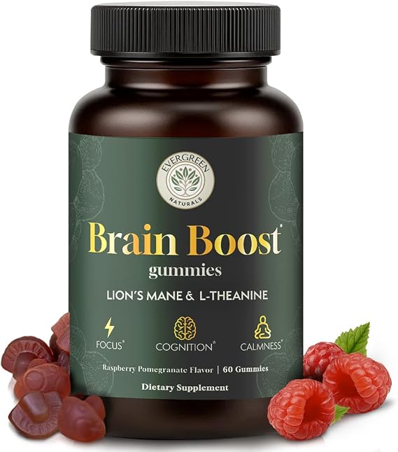 Lions Mane Mushroom Gummies 10:1 Extract with L-Theanine 200mg - Nootropic Cognitive Support for Focus, Memory & Calm Energy - Vegan, Non-GMO, Gluten-Free - Pomegranate Raspberry Flavor - 60 Count