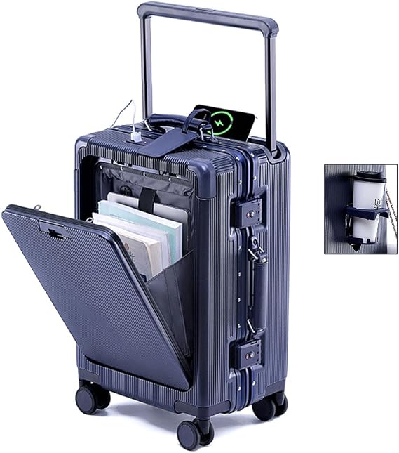 BEITH Front Open Hardside Luggage, BS849-2 Aluminium Frame Suitcase with Cup Holder, USB/Type-C, Wide Tie Rod, PC Shell, TSA Customs Lock, 360 Double Spinner Wheels, Soft Handle, Waterproof
