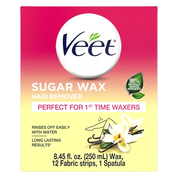 VEET Sugar Wax Hair Remover - Perfect for First Time Waxers - Contains 12 Fabric Strips & 1 Spatula with a Temperature Indicator