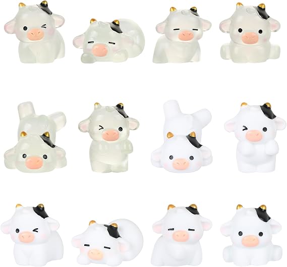12pcs Resin Tiny Cow Statue Cute Mini Cow Resin Tiny Animals Figurines Glowing Animals Ornaments Cow Cupcake Toppers with box for Garden Landscape Home Decor Cake Decoration DIY Crafts