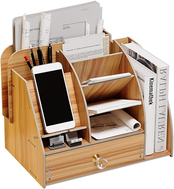 NUODWELL Upgrade Wooden Desk Stationary Organiser with Phone Docking Station, Desktop Storage Organizer Caddy with Drawer and Bookcase Pencil Holder