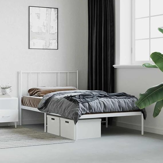 Double Bed Frame with Headboard, Heavy Duty King Size Metal Platform Bed Frame, Steel Black Bedroom Furniture for Master Guest Room（White,80 x 200 cm,with headboard）