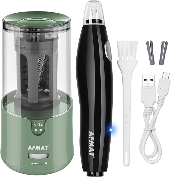 AFMAT Electric Pencil Sharpener for Colored Pencils, Auto Stop, Super Sharp & Fast, AFMAT Electric Eraser Kit,140 Eraser Refills, Rechargeable Electric Erasers for Drafting, Drawing, Crafts, Arts