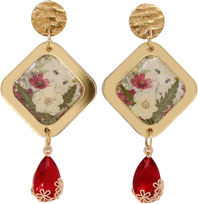 LND Real Pressed Flower Earrings, Gold-Tone, Red Crystal and Floral Design, 2 Inch Stud