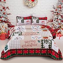 Menghomeus Christmas Quilt Set King Reversible Bedspread Coverlet Red Green Plaid Patchwork Quilt Set Xmas Tree Elk Holiday Bedding Set, 3 Pieces 1 Quilt 2 Pillow Shams
