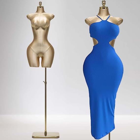 Sexy Female Mannequin Manikin, Large Butt Dress Form Torso, Plus Size Sewing Mannequin with Gold Metal Stand, Half Body Dress Model Mannequin(Khaki)