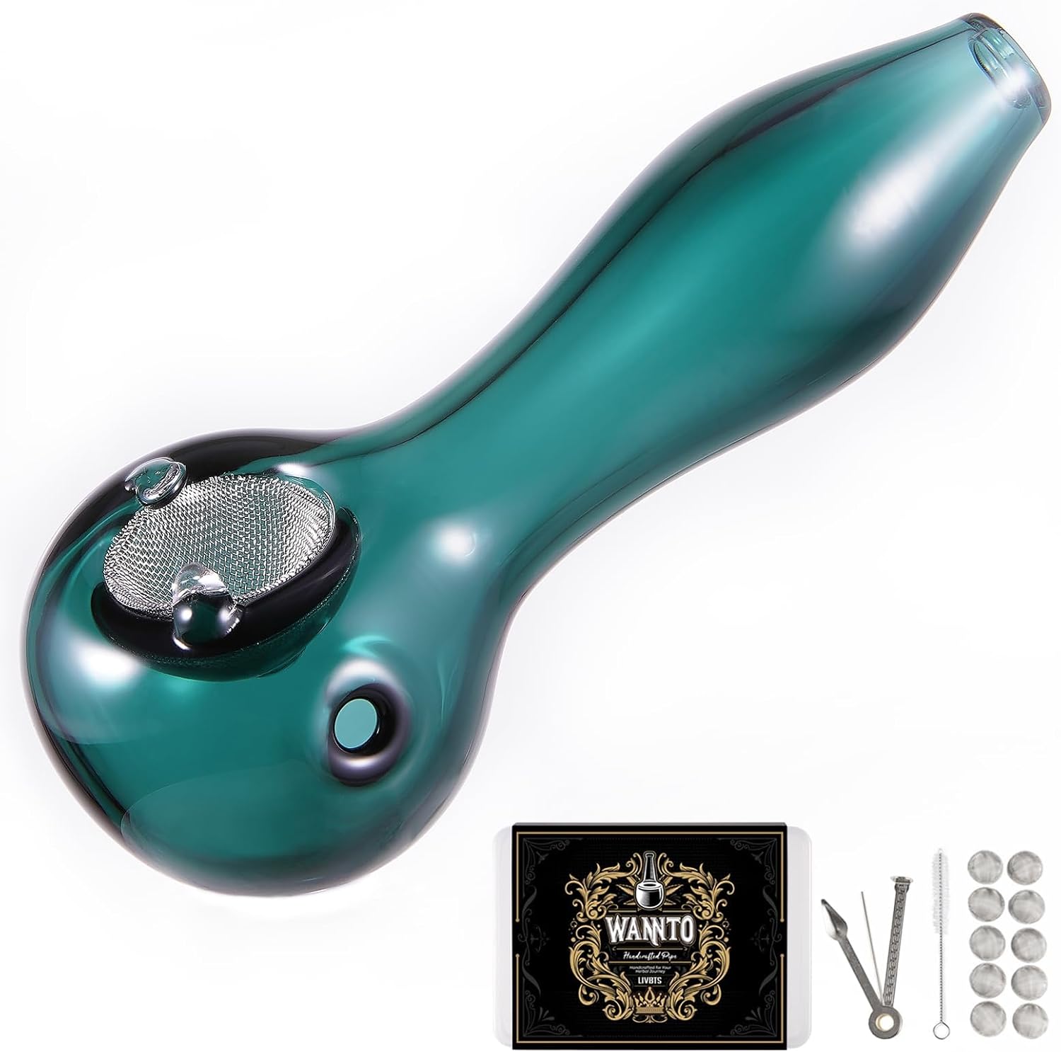 Handcrafted Glass Smoking Pipe,Conical Bowl Heat Resistant,Odourless Includes 10 Filters,Storage Box,Cleaning Brush, and Pipe Scraper Cleaner Set Green