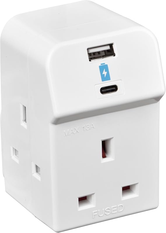 Masterplug Three Socket Fused Wall Plug Adaptor with USB A & C Charging Ports, White, 13A, 10.5W, 3G, A3UAC10