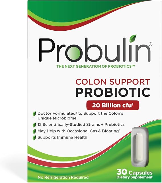 Probulin Colon Support Daily Probiotic + Prebiotic + Support Gut Health, Occasional Gas and Bloating - 20 Billion CFU - 12 Strains, 30 Vegan Capsules