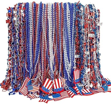 4th of July Necklace Party Favors, 500PCS 4th of July Bead Necklaces, Patriotic Independence Day Red Blue White Necklaces USA Hat Flags Pendant, Metallic Necklace for Memorial Day Parades Accessories