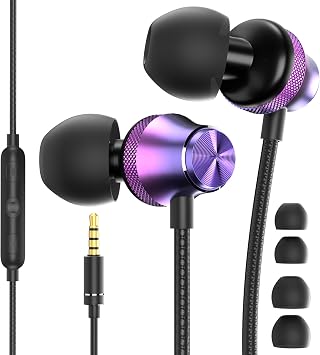 Wired Earbuds With Microphone 3.5mm Jack Earphones for iPhone/ iPad/iPod/Chromebook Laptop School Kids,Corded Headphones Noise Cancelling Earbuds for Galaxy A25 A15 A14/Switch/Moto G Play/MP3,Purple