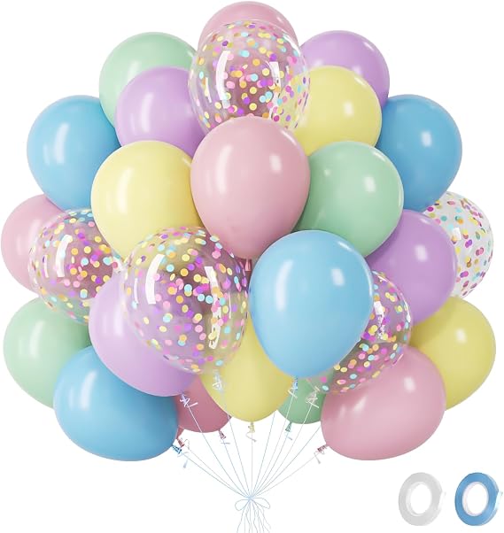 Pastel Balloons- 60Pcs Macaron Pink Blue Yellow Green Purple Latex Balloon With Confetti Ballon, Helium Balloon For Easter Birthday Engagement Princess Party Baby Shower, 12 Inch